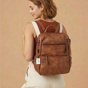 NWT Bostanten brown full size faux leather backpack w/ multi color strap attach